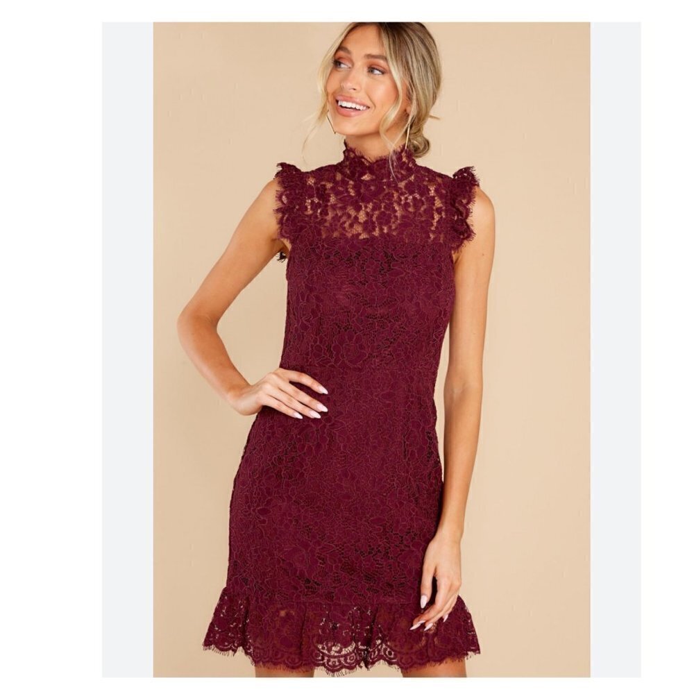 Storia Burgundy Wine High Neck Sleeveless Lace Mini Dress size small